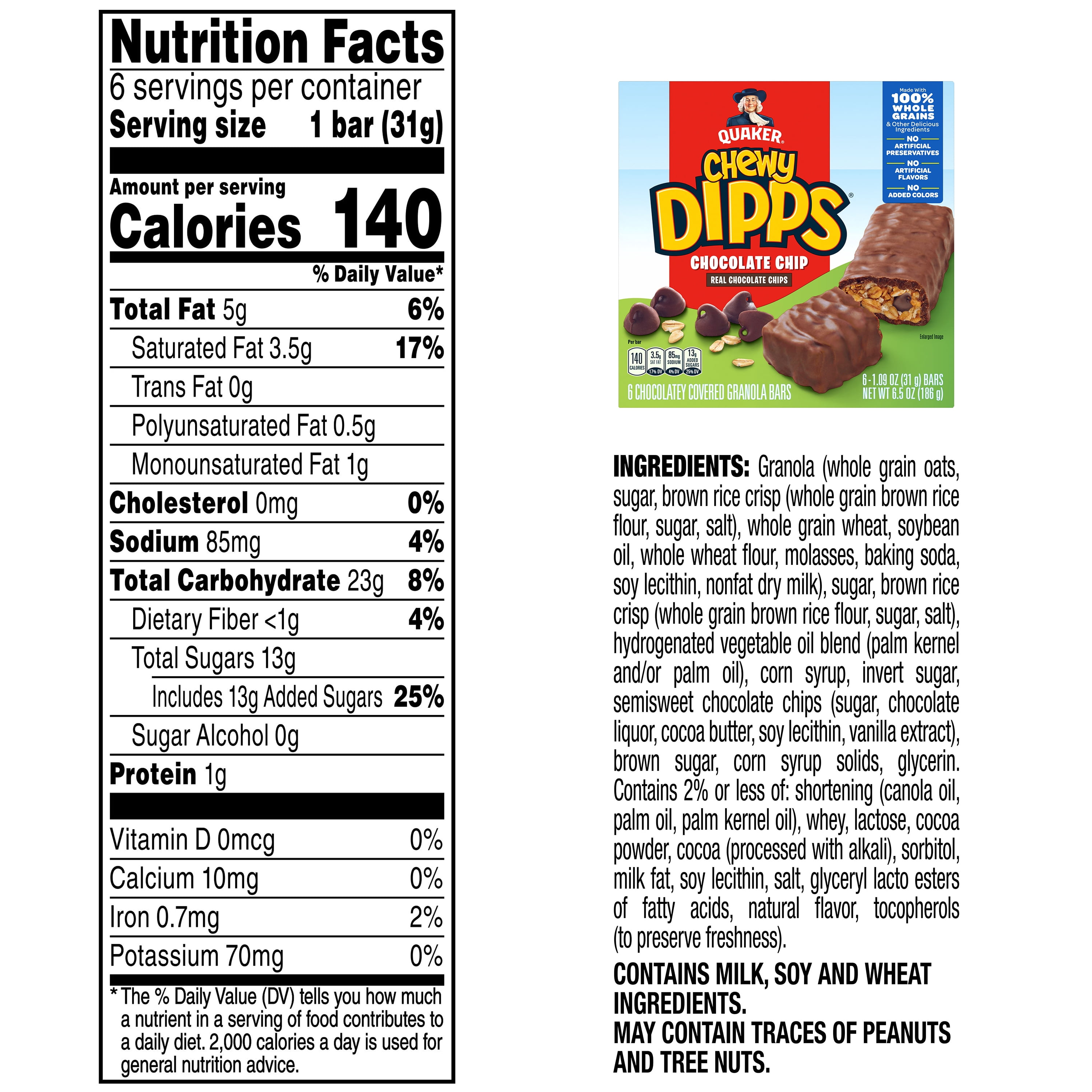 (12 pack) Quaker Chewy Dipps Chocolate Covered Granola Bars, Chocolate Chip 1.09 oz,  6 Count