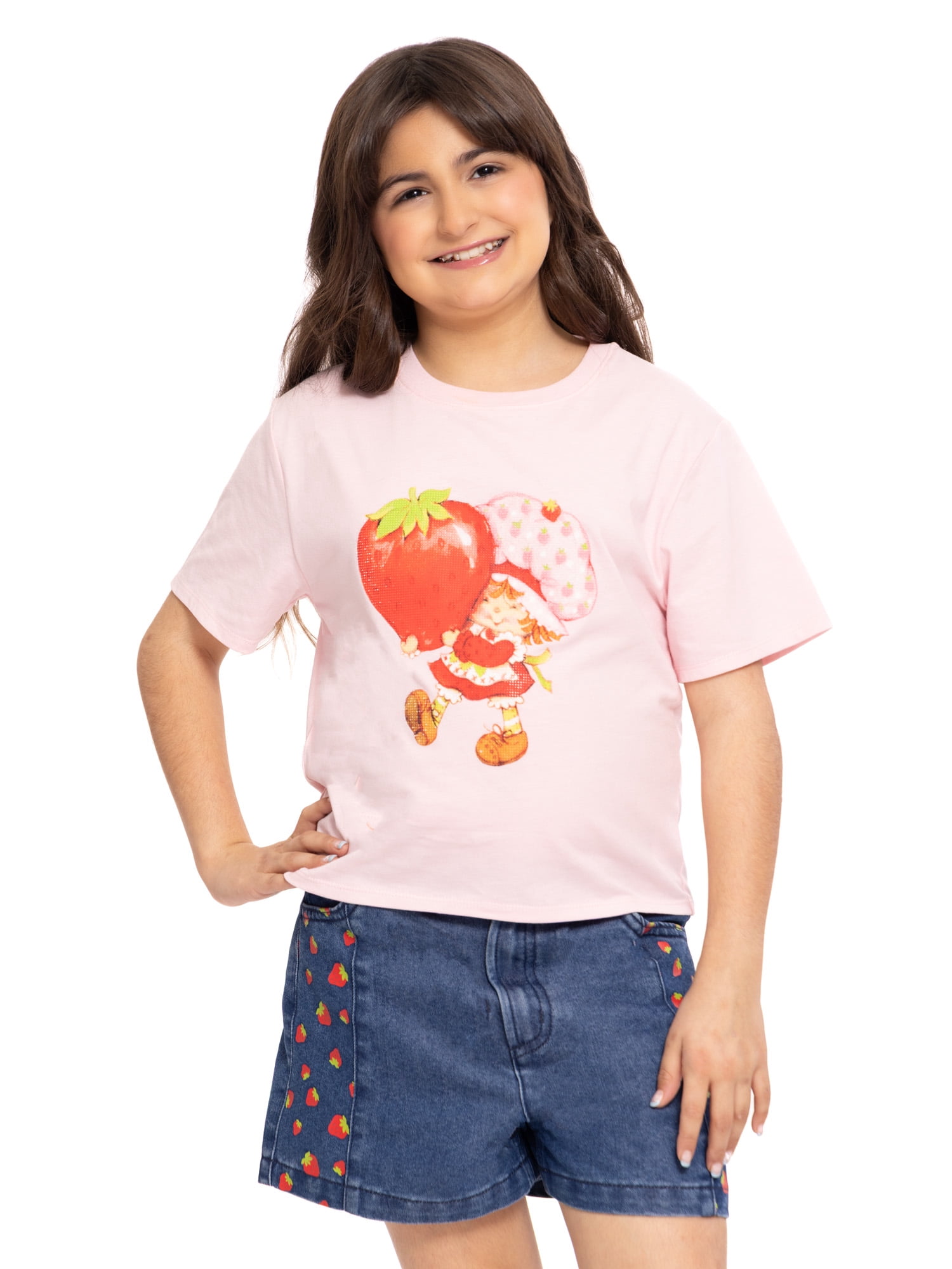 Strawberry Shortcake Girls Embellished Graphic Tee with Short Sleeves, Sizes 4-16