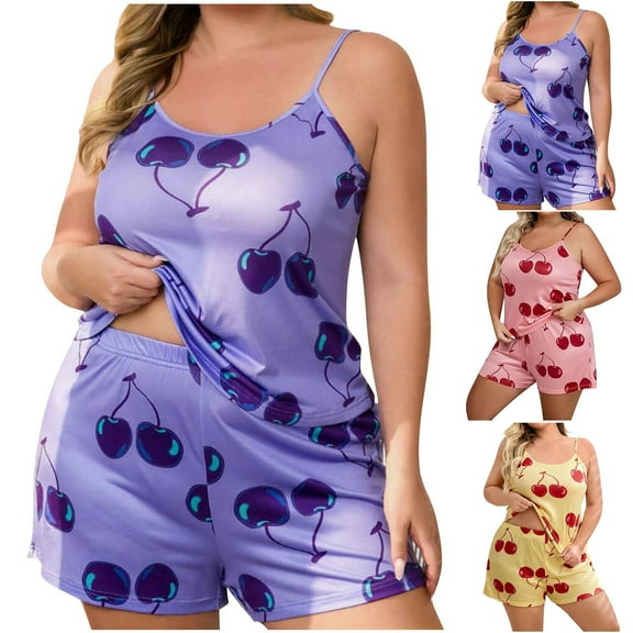 HAOTAGS Women's Plus Size Pajama Set, 2 Piece Graphic Print Camisole Top and Shorts Casual Silk Sleepwear Purple XL
