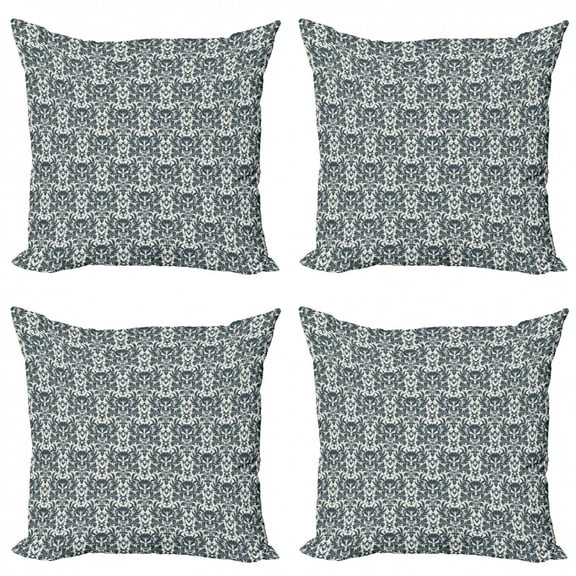Ambesonne Black and White Throw Pillow Cover 4 Pack, Skull in Flora, 16", Charcoal Grey and White