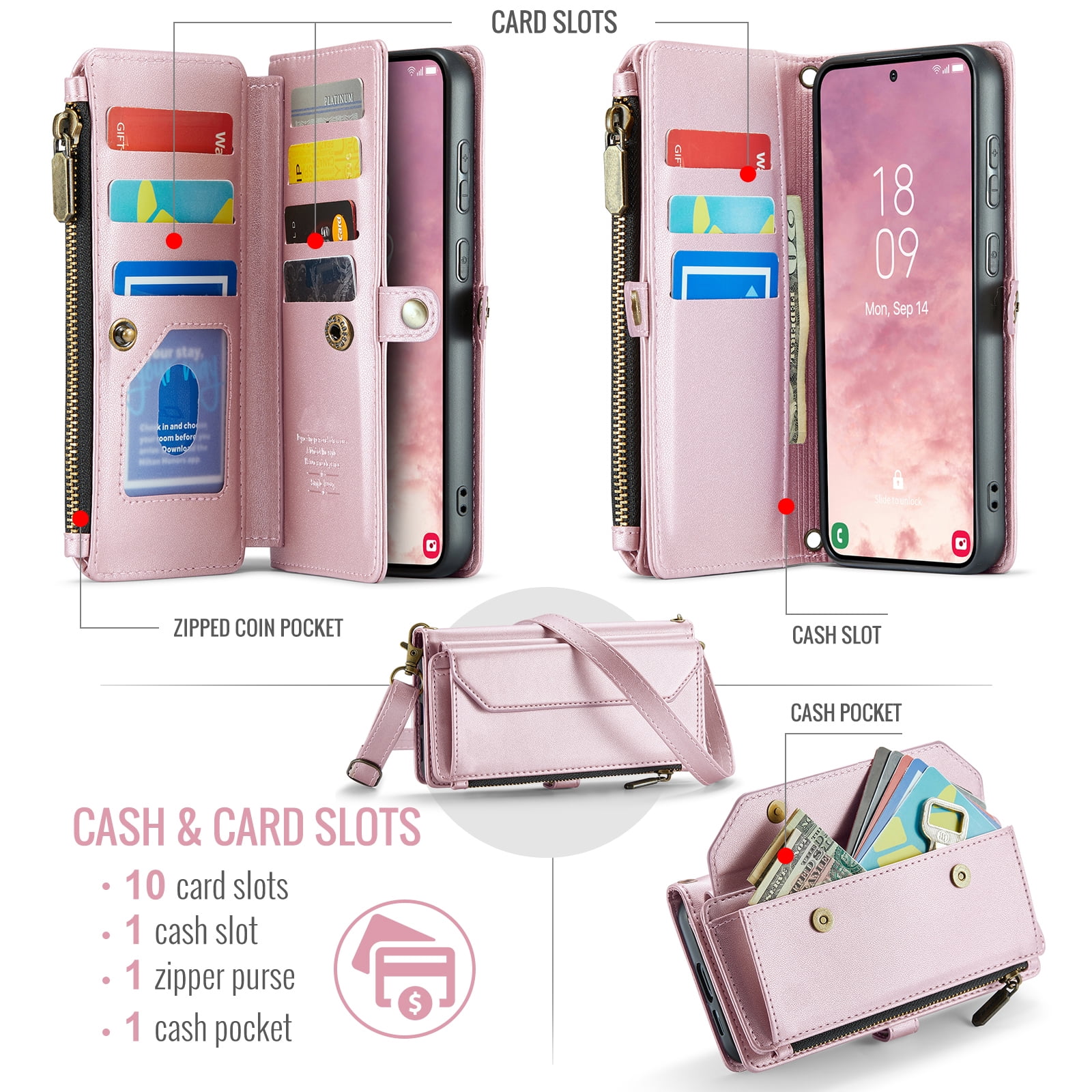 Compatible with Samsung Galaxy S25 5G Zipper Wallet Phone Case Tempered Glass Screen Protector Crossbody Lanyard Strap Flip Card Holder Slot Cell Cover for S 25 25S 25 25S SM-S931U Women Rose Gold