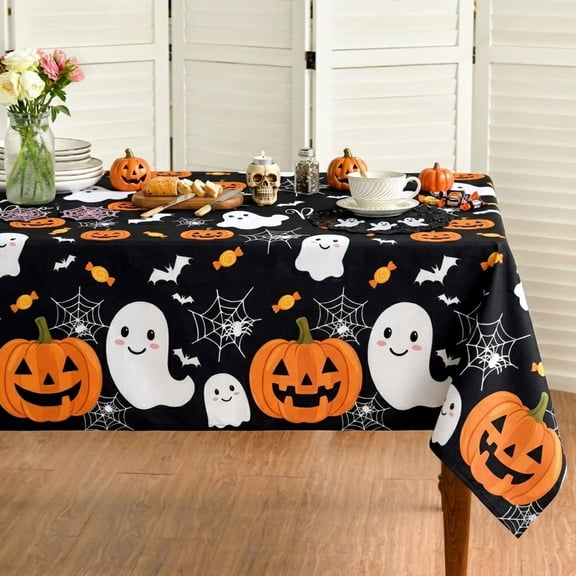 84x60in Black Ghost Pumpkin Spider Web Halloween Tablecloth for Party