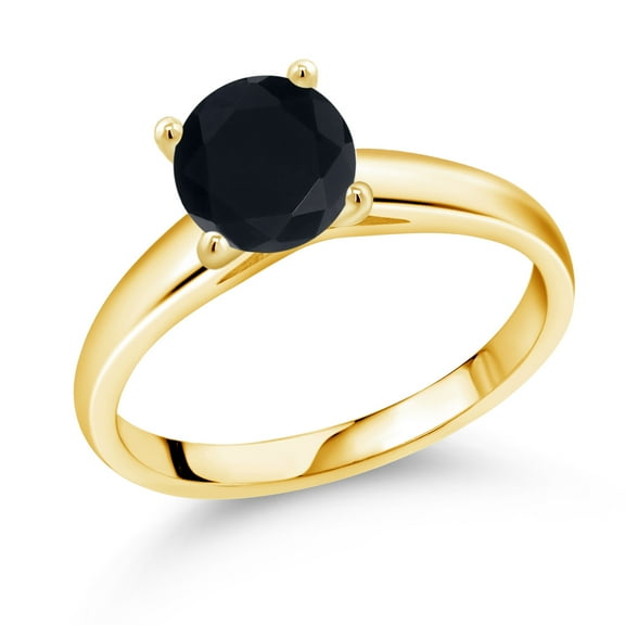 Gem Stone King 1.28 Ct 7mm Round Black Onyx 10K Yellow Gold Ring (Size 9)