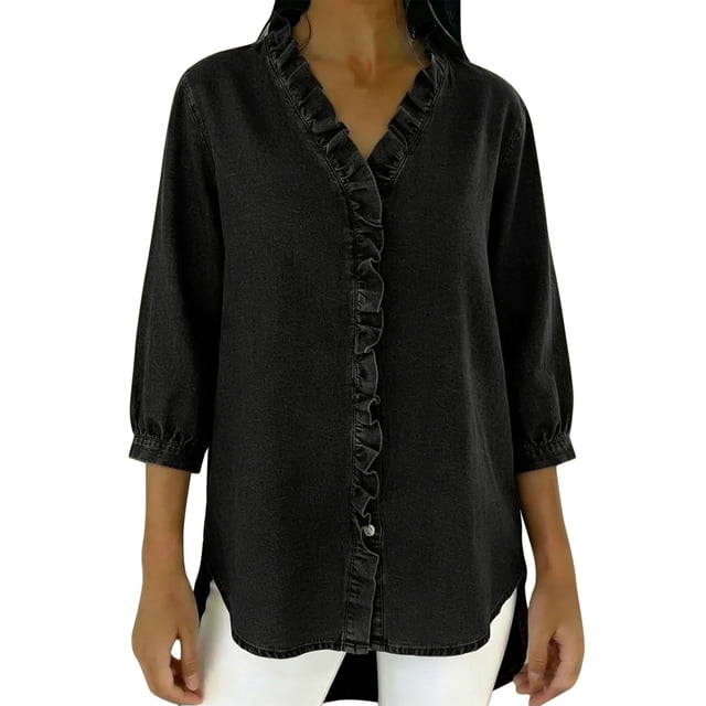 Tops de Verano de Mujer con Mangas Casual Faux Denim Cuello en V Ruffled Tres Cuartos de Manga Blusa, Ligero Y Cómodo para el Uso Diario