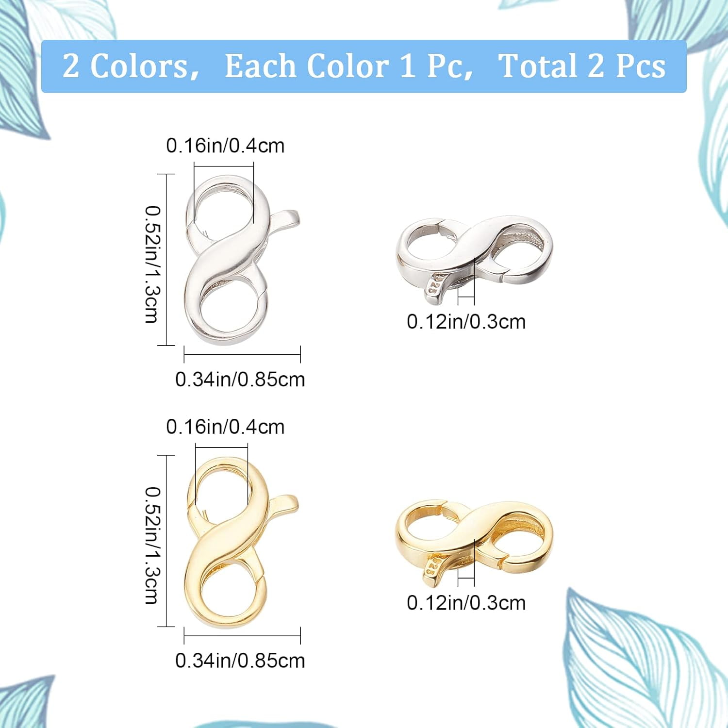 1 Box 2Pcs 925 Sterling Silver Lobster Clasp Double Lobster Clasps Infinity Clasp Number 8 Bracelet Extender Necklace Shortener Clasp for Jewelry Making Findings Women Adults DIY Crafts