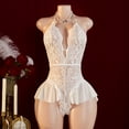 thumbnail image 2 of AESKEIA Women Babydoll Lingerie Lace Plunge Halter Bodysuit Sleepwear White L, 2 of 7