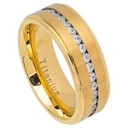 Custom Personalized Engraving Wedding Band Ring Set for Him & Her Titanium Band 8mm Yellow IP Titanium Ring Brushed Center Shiny Stepped Edge with Eternity Style CZs