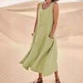 thumbnail image 3 of Vestido de verano de algodón y lino para mujer, sin mangas, con cuello redondo y bolsillos, 3 of 6