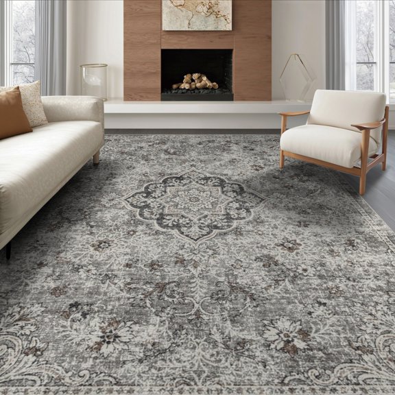 ODIKA 8'x10' Washable Area Rug Durable, Non-Slip Large Ornate Beige Faded Transitional Decorative Dining Table for Living Room, Under Sectional, Family
