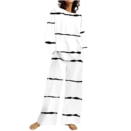 ZQGJB Womens 2 Piece Outfit Plus Size Fall Tie Dye Striped Print Long Sleeve Crewneck Pullover Tops and Pocket Straight Leg Long Pants Tracksuit Set White XXL