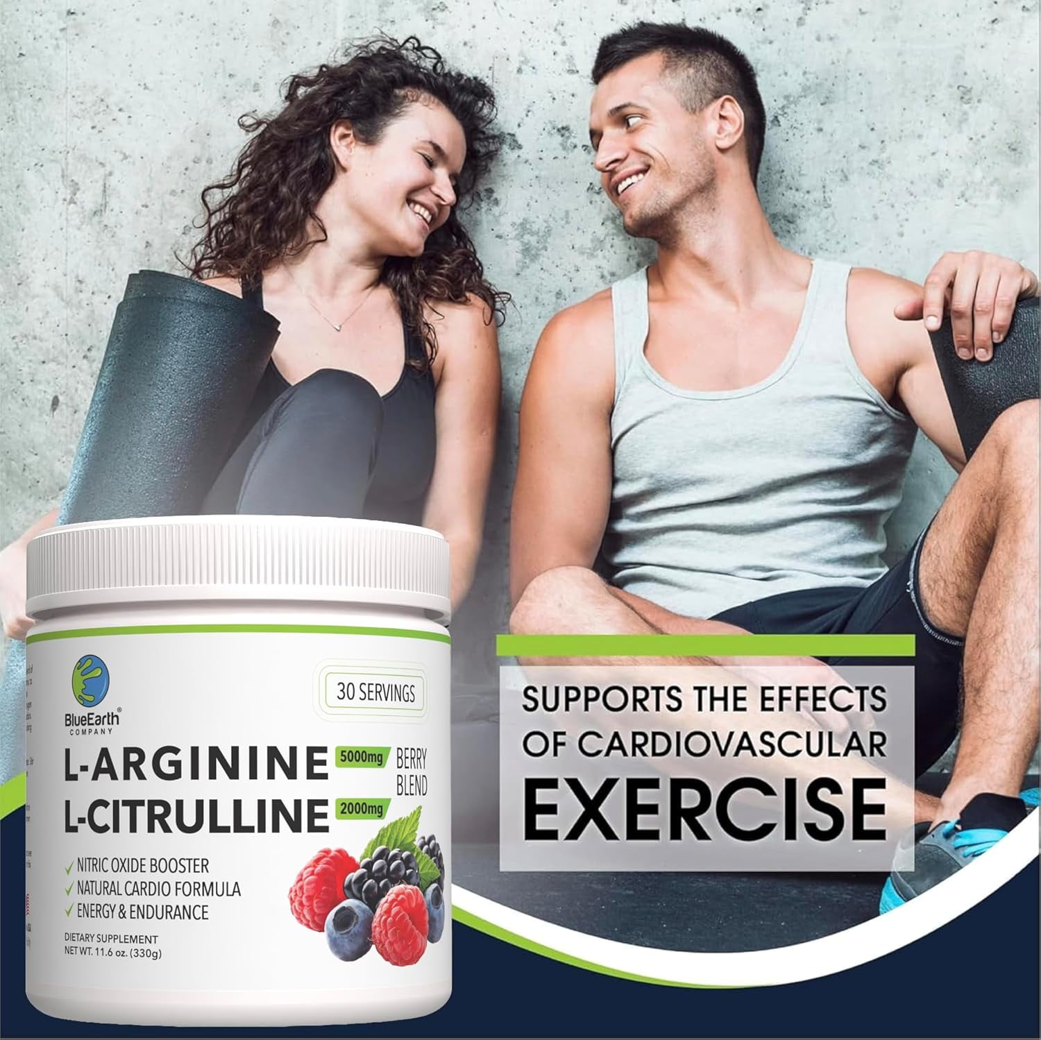 BlueEarth Company L-Arginine 5000mg, L-Citrulline 2000mg Supplement Powder, Nitric Oxide, Blood Pressure Support, Heart Health, Cardiovascular, Berry Blend 30 Servings