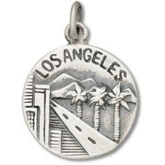 Sterling Silver 20" 1mm Box Chain Los Angeles City Of Angels Two Sided Circle Pendant Necklace
