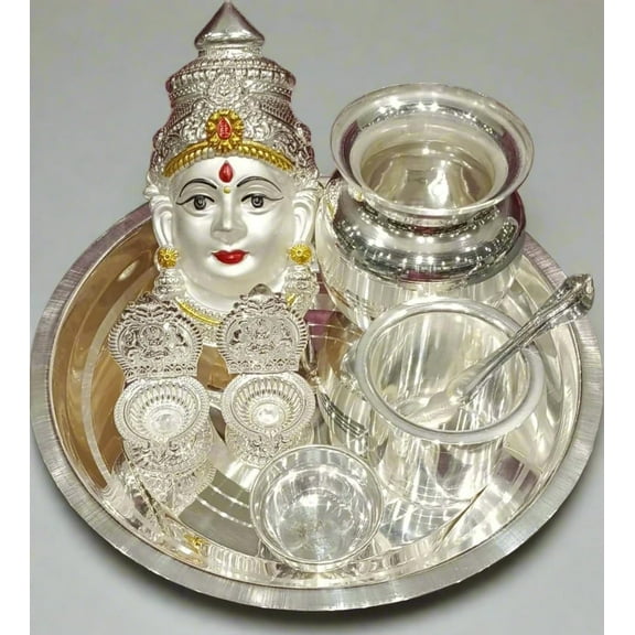 silver plated pooja thali set for housewarming/ diwali set of 8 pieces
