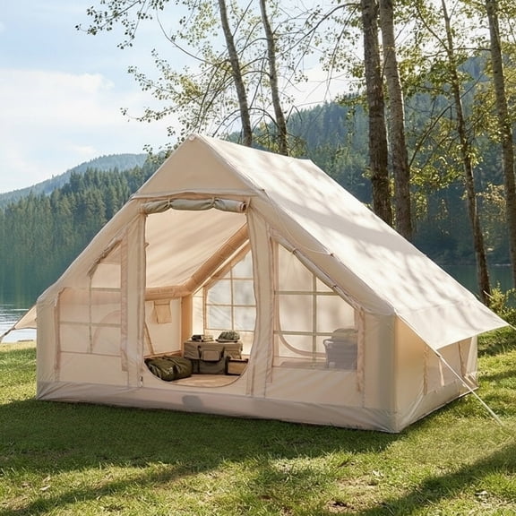 Inflatable Camping Tent with Hand Pump - 4 Season Waterproof Windproof Oxford Cabin Tent for 2-4 Person, Easy Setup Air Glamping Tent with Mesh Windows & Chimney Stove Jack, Beige
