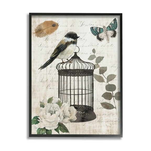Stupell Industries Vintage Bird Cage Butterfly Floral Script Words Graphic Art Black Framed Art Print Wall Art, Design by Nan
