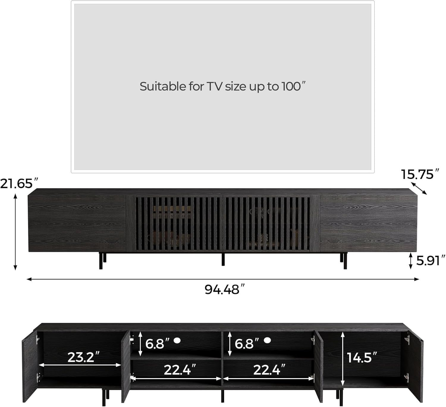 Mid Century Modern Black TV Stand for 80 Inch and Larger TVs, 94.48" Media Console with Solid Wood Slatted Doors, Metal Base, Stylish Entertainment Center for Living Room or Bedroom