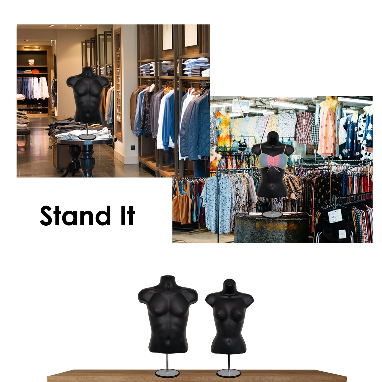 DisplayTown 2 Pack Black Male Mannequins Hollow Back Body Torso w/ Metal Stands with Metal Pole & Hanging Hook for Tshirt Display, S-M Sizes