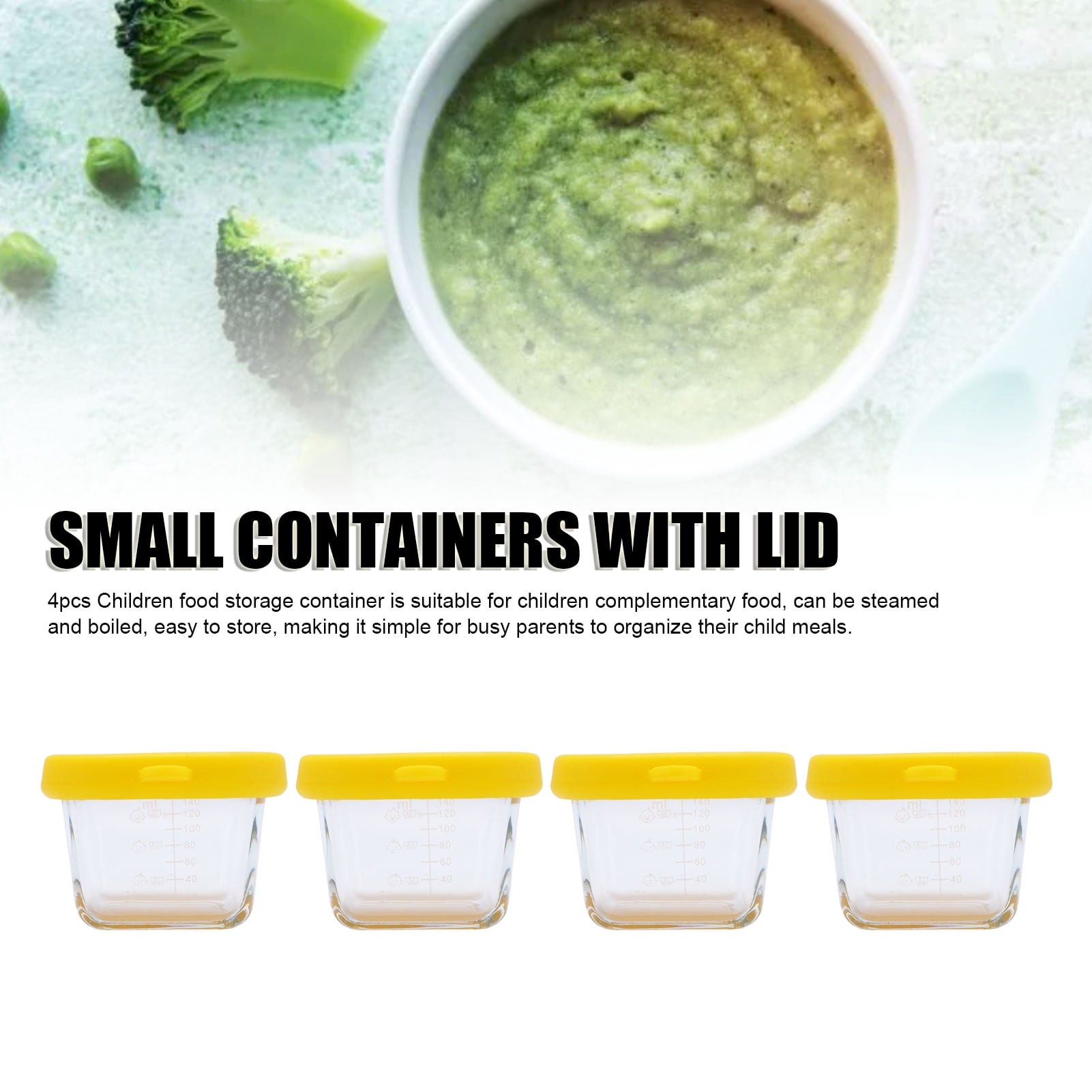 LAZIOEGR 4-Pack Baby Food Storage Jars Glass Meal Prep Containers with Airtight Silicone Lids, 4.7 oz / 140ml Infant Snack Dispenser Bowls for Freezer and Microwave, Yellow