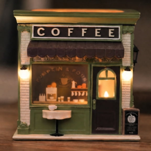 Home Decor, Coffee Shop Mini Model Kits with LED,Resin Miniature Coffee Store Building Figurine, Vintage Farmhouse Tabletop Decor for Coffee Bar, Fall, Halloween, Thanksgiving, Christmas Decorations