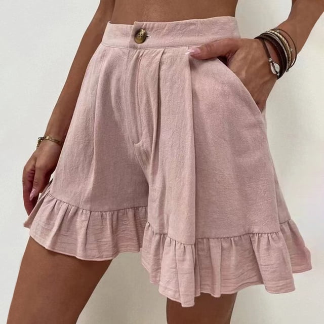 Fankiway Women'S Fashion Solid Color Casual Wide Leg Ruffle Loose High Waist Shorts Pants