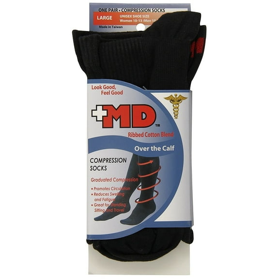 MD Socks Compression Ribbed Cotton Blend Over The Calf, Black, Large, 1ct
