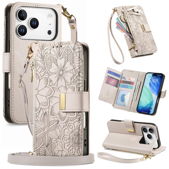 Moreoy Floral Leather Zipper Wallet Case for iPhone 18 Pro Max with Detachable Wrist & Shoulder Strap, Cash Card Slots Holder, Zipper Pocket and Lanyard, Shockproof Protective Phone Cover,Beige