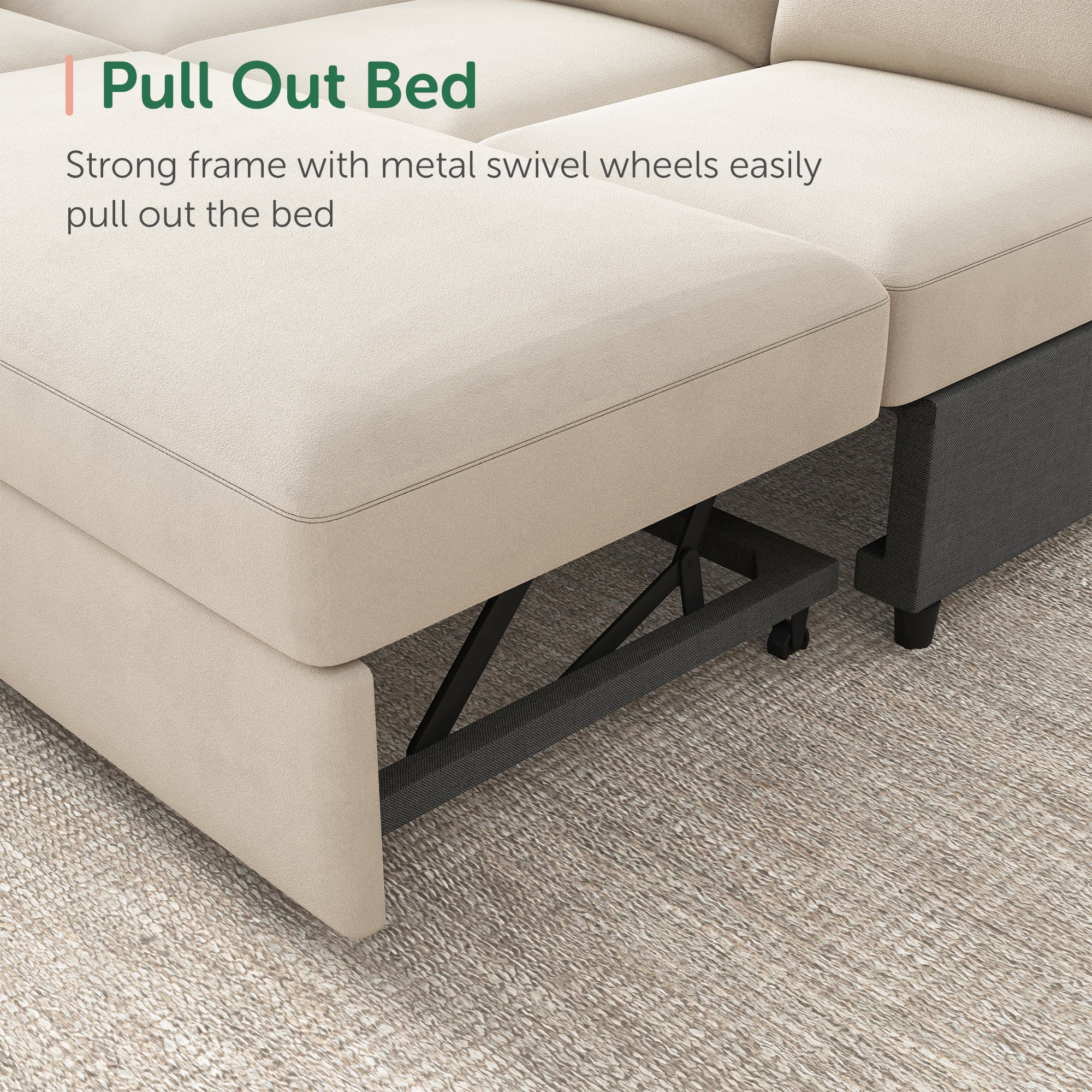 Marrber Velvet Sectional Sleeper Sofa Bed with Pull-Out Couch Bed with Storage for Living Room, Beige