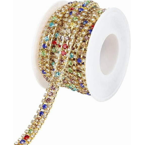 3.3 Yards 3 Row Rhinestone Chain 9mm Wide Colorful Crystal Claw Cup Chain Trim Trimming with Gold Base Strips for Sewing Crafts Clothing Bags Shoes Jewelry Wedding Cake Decorations