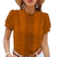 thumbnail image 1 of Top de manga corta para mujer, Top plisado con volantes en la parte delantera, cuello recortado, Color puro, camisa elegante para mujer, Top para fiesta diaria, citas, caqui M, 1 of 6