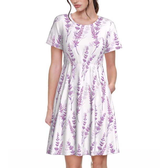 Bixox Robe d'Été à Manches Courtes pour Femmes Robe Ample Longueur Genou avec Poches-Fleurs Lavande