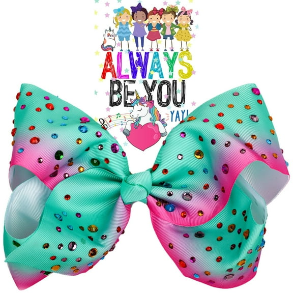 Rhinestone Large 8 Inch Bow, Big Bows For Girls, Jumbo Hair Bow Gift, Blue Hair Bow, Cheer Bows, Hair Bow Accessories (Aqua Pink/Rhinestone)