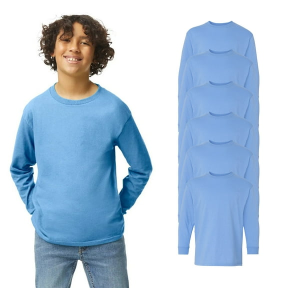 Gildan Youth Long Sleeve T-Shirt | Heavy Cotton Classic Shirts for unisex comfort and durability Carolina Blue Color 5.3 oz 100% cotton Tee, 6 Pack Size-S