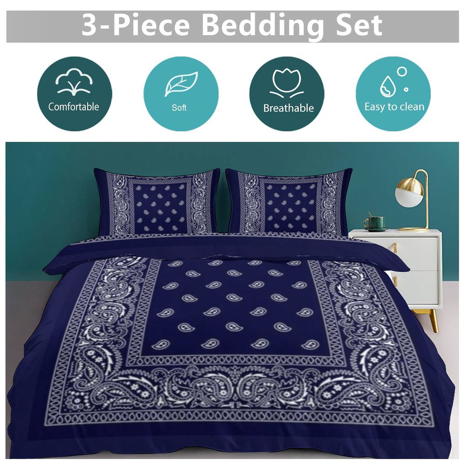 3 Pcs Soft Bedding Set, Includes 1 Duvet Cover with Zipper And 2 Pillow Shams,Bandana Blue King(102"×90")