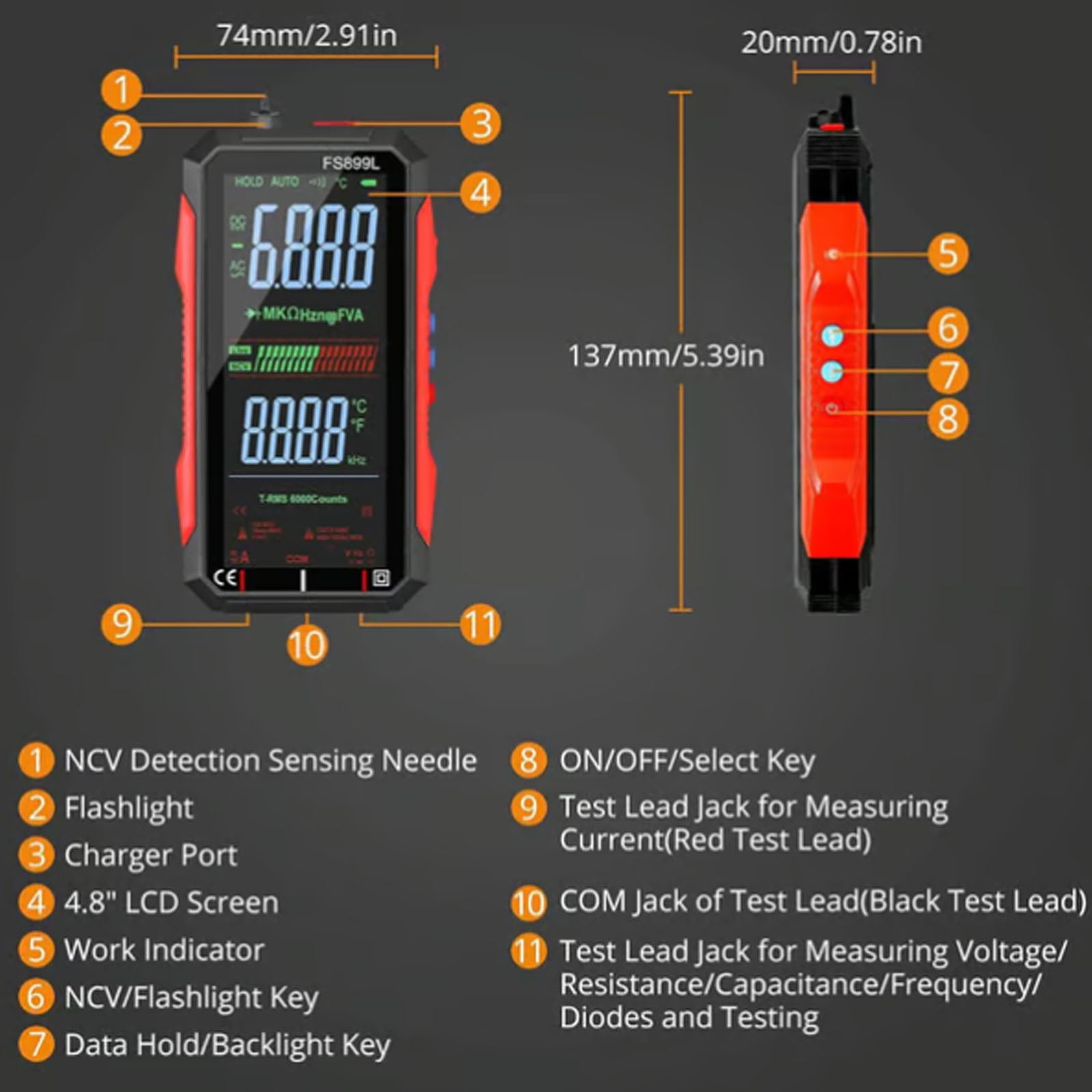 True RMS 6000-Count Digital Voltmeter, FS899L Digital Multimeter USB Rechargeable with Color Screen, Smart Auto-Ranging Electrical Tester for Home, Industrial & Car Electrical Testing