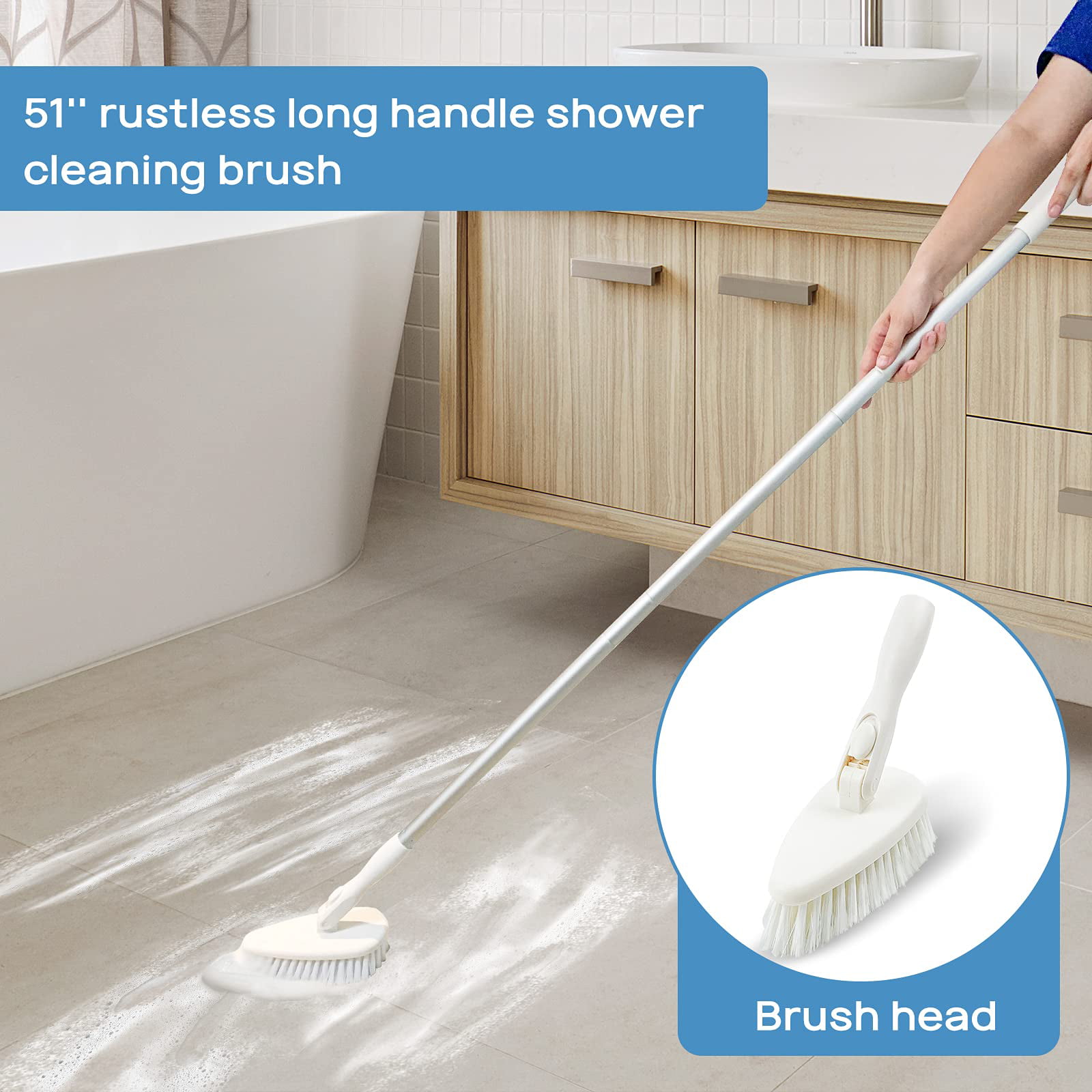  Tub and Tile Scrubber, 3 in 1 Shower Cleaning Brush 51.5” Long  Handle Grout Brush Stiff Bristles Scrub Brush for Cleaning Bathtub Shower  Bathroom Kitchen Toilet Wall Glass Tub Tile Sink
