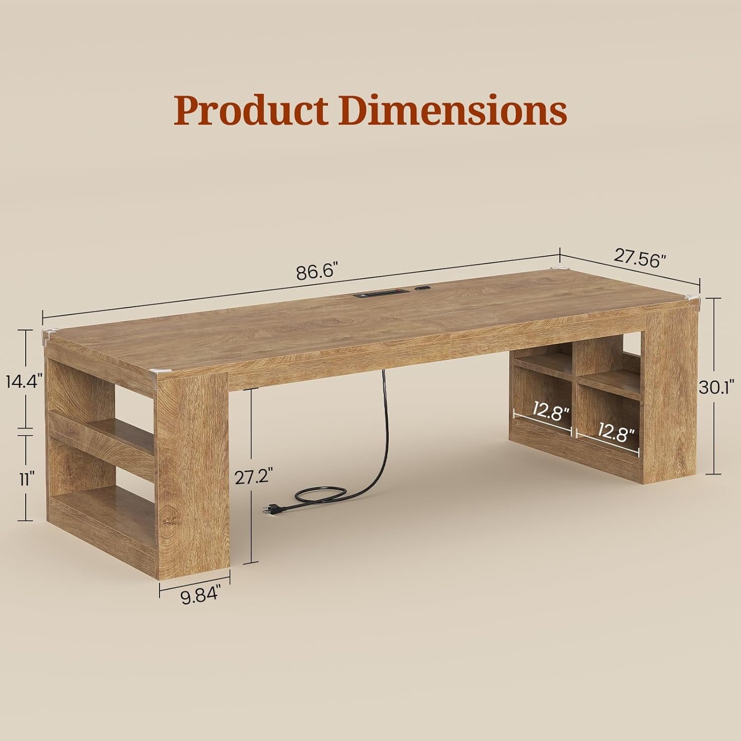 86.6 inch Two Person Desk, Computer Desk with Storage Shelves, Home Office Workstation Desk, Modern Writing Table, Oak