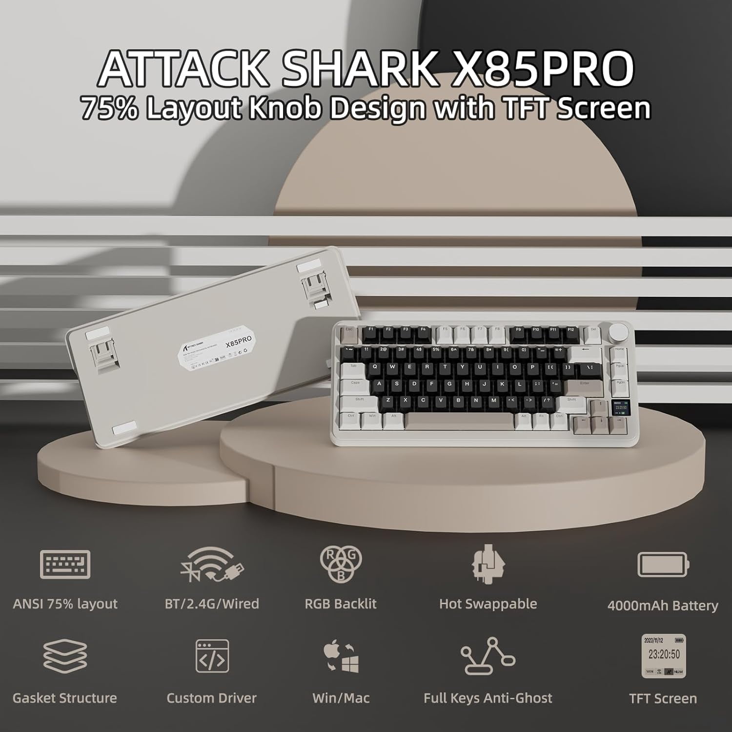 ATTACK SHARK X85PRO Gasket Mechanical Keyboard, 75% Wireless Gaming Keyboard with TFT Screen&CNC Knob, 2.4Ghz/BT5.1/USB-C, 5 Layer Padding, Hot-Swap Linear Switch, RGB, for PC,MAC,QMK