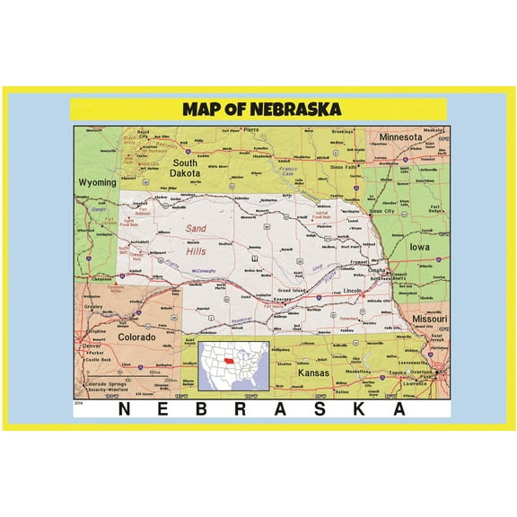 Map of Nebraska Style C - Laminated Wall Map Poster Print Perfect for Classrooms and Homes - Vivid Imagery with Bright Colors - 18x24