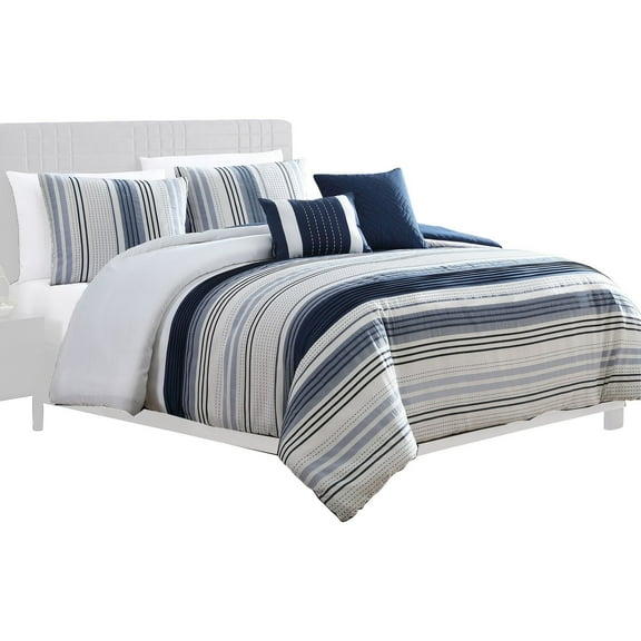 Alfa 5 Piece Queen Comforter Set - Jacquard Woven Stripes - Blue - White