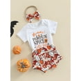 thumbnail image 3 of 3Pcs Baby Girls Halloween Outfits Sets Short-Sleeved Letter Top + PPrinted Shorts Set with Headband, 0-18 Months, 3 of 9