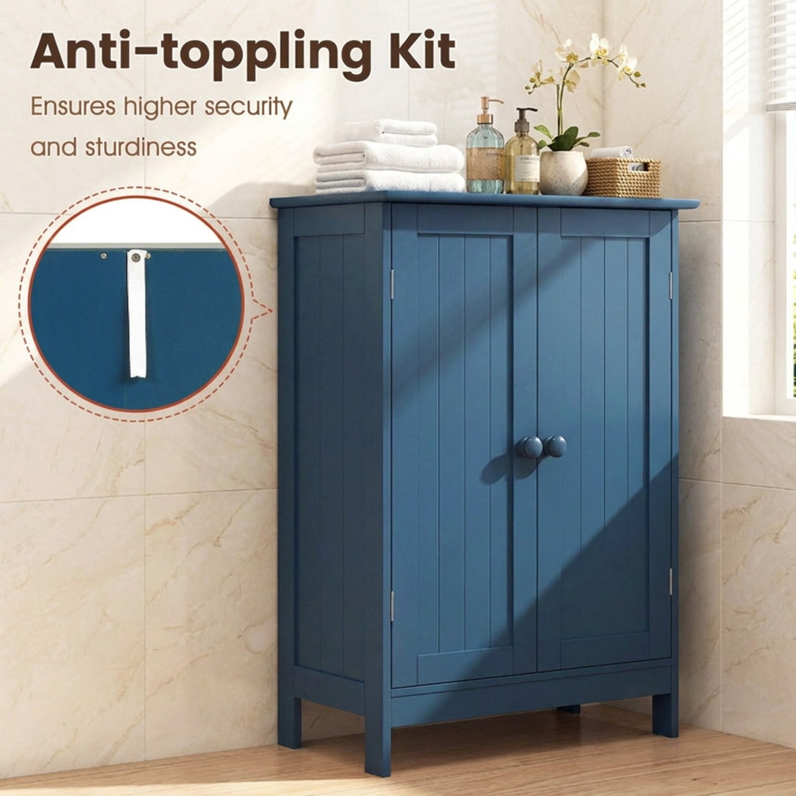 Vebreda Bathroom Storage Cabinet with 2 Doors and 3-Level Adjustable Shelf, 24 in Freestanding Storage Cabinet with Anti-Tip Kit, Blue