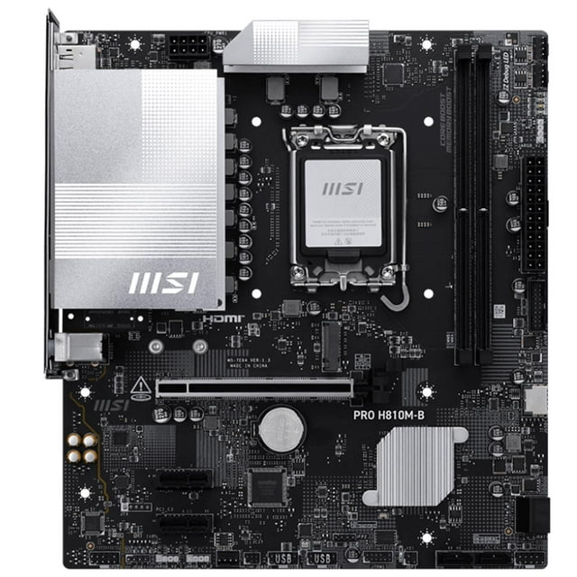 tarjeta madre msi pro h810m-b lga 1851 2x ddr5 1x m.2 pcie 5.0 usb-c micro atx Vista cenital frontal de la tarjeta madre MSI PRO H810M-B en negro con disipadores plateados; zócalo LGA 1851 centrado, dos ranuras DDR5 UDIMM (hasta 128GB) a la derecha, ranura PCIe x16, conector M.2 PCIe 5.0, encabezados USB y conectores frontales en el borde inferior, conector de alimentación y puerto LAN 2.5G. A menudo se usa en ensamblajes m-ATX compactos y es adecuada para sistemas con procesadores Intel Core Ultra.