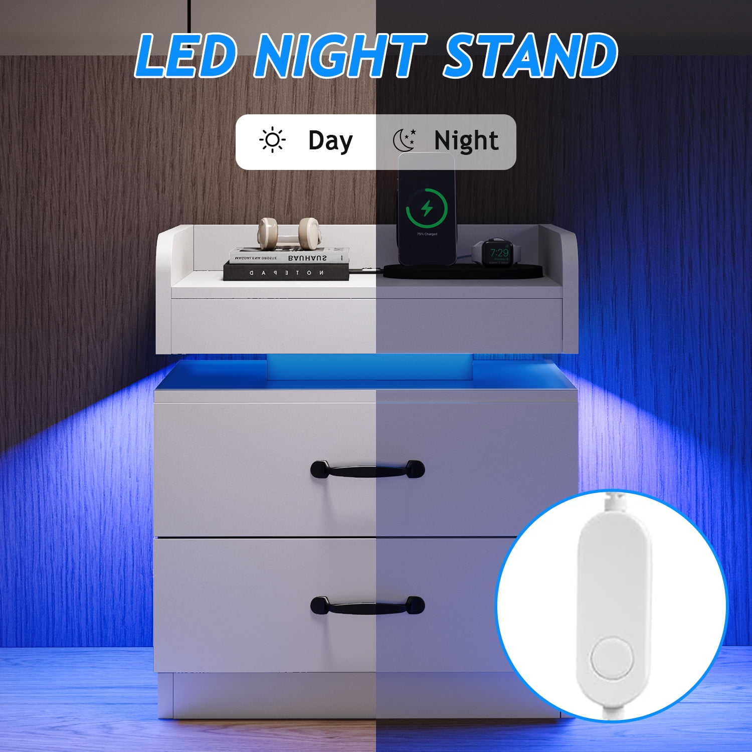 4 EVER WINNER Nightstand Set of 2 with Charging Station, LED Night Stand with 2 Drawers, Modern Beside End Table Side Table for Bedroom Living, White