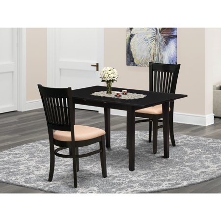 Homestock Antique Accents 3 Piece Mid Century Dining Table Set 2 Dining Chairs With Slatted Back Linen Fabric Seat And Butterfly Leaf Dining Room Table With Rectangular Top And 4 Legs- Black Finish