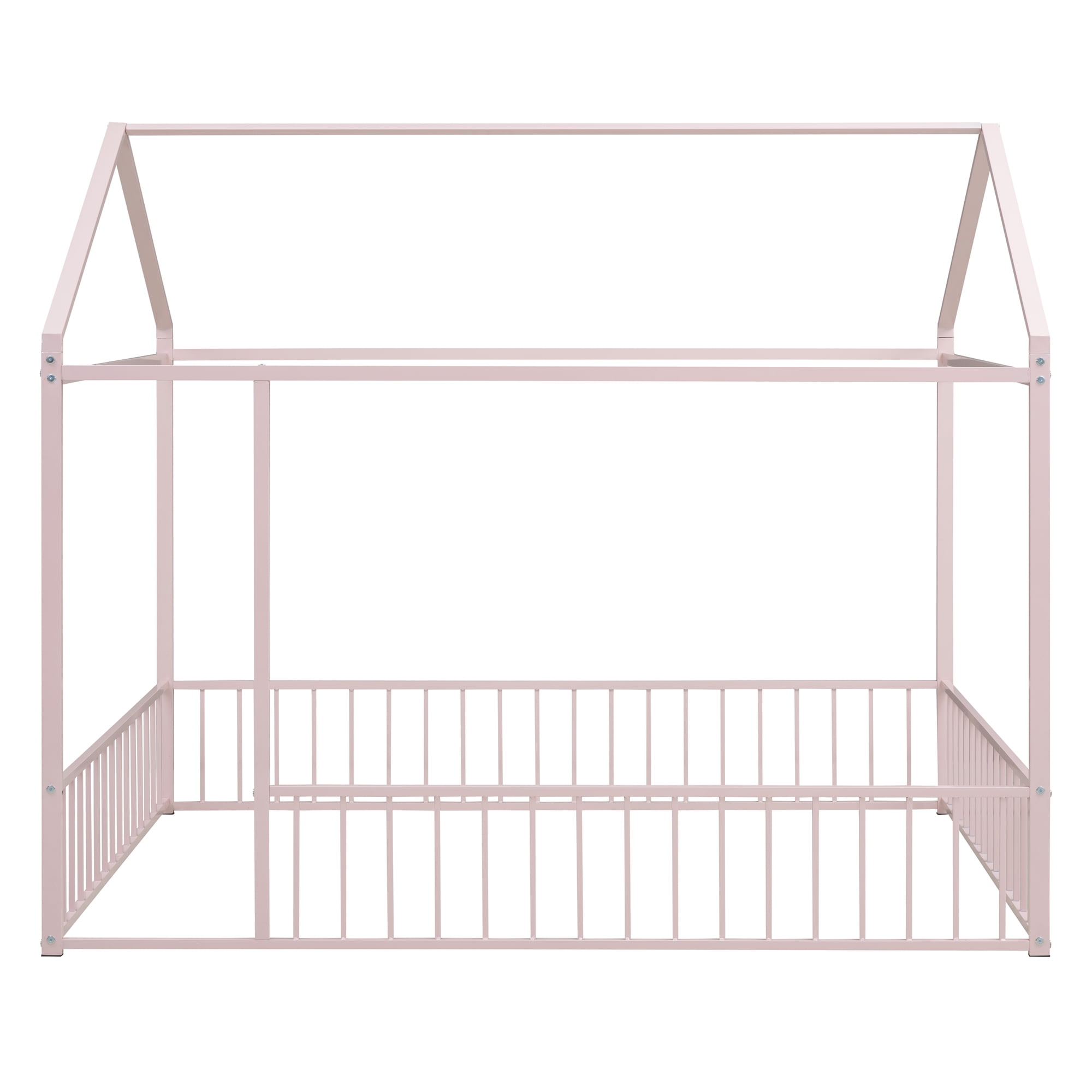 Gewnee Full Size Metal House Bed with Fence,Montessori Floor Bed for Toddler and Kids,Pink