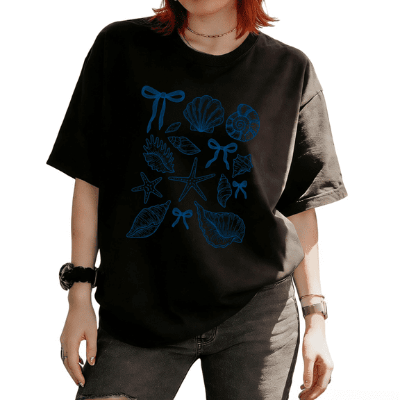 Coquette Seashell Starfish Bow Graphic Nautical Beach Graphic Tees T-shirt Tops Short Sleeve Round Neck Black S-5XL