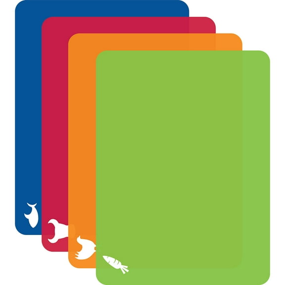 Cut N' Funnel 4 Pack Multi-Colored Flexible Plastic Cutting Board Mats with Food Icons 15" by 11.5"