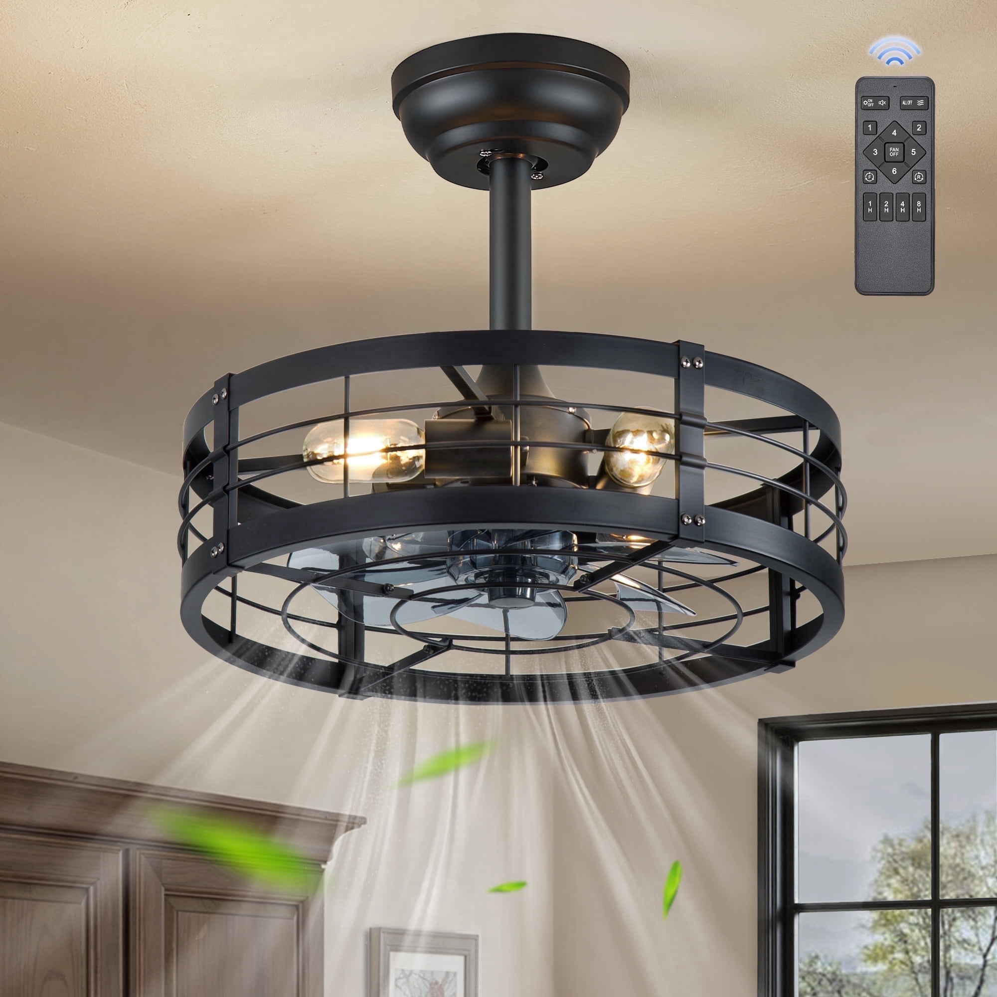 Zardon 18" Black Antique Caged Indoor Ceiling Fan with Pure Copper Motor, Dimmable LED Lights, Remote Control, 6 Speeds