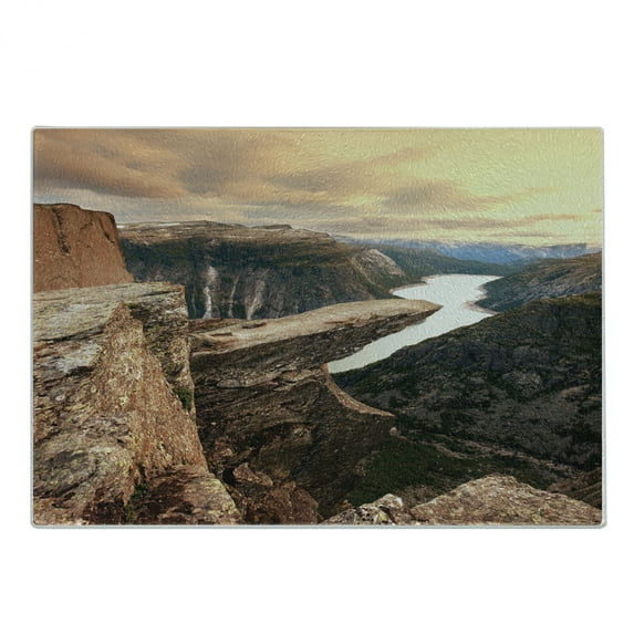 Mountain Cutting Board, Northern Mountains Canyon Landscape with Calm River in Norway Scenic Nature Tops, Decorative Tempered Glass Cutting and Serving Board, Small Size, Brown Green, by Ambesonne