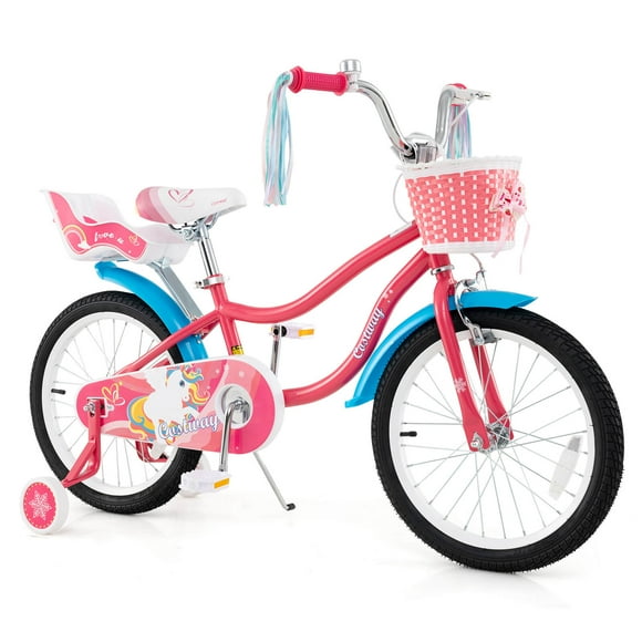 Costway 18" Kids Bike for 4-8 Years Old with Basket Doll Seat & Colorful Streamers Kickstand Pink